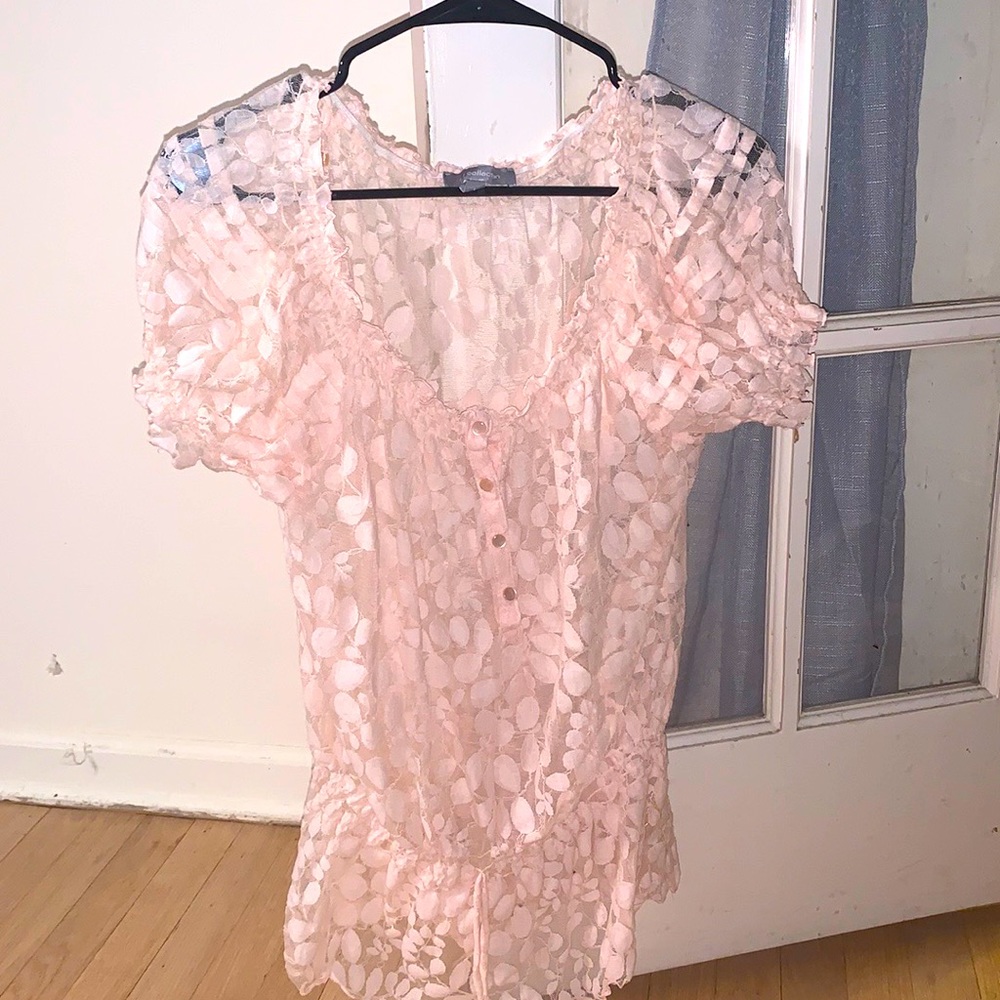 LARGE Pink Lace Button Up Off the Shoulder Top
